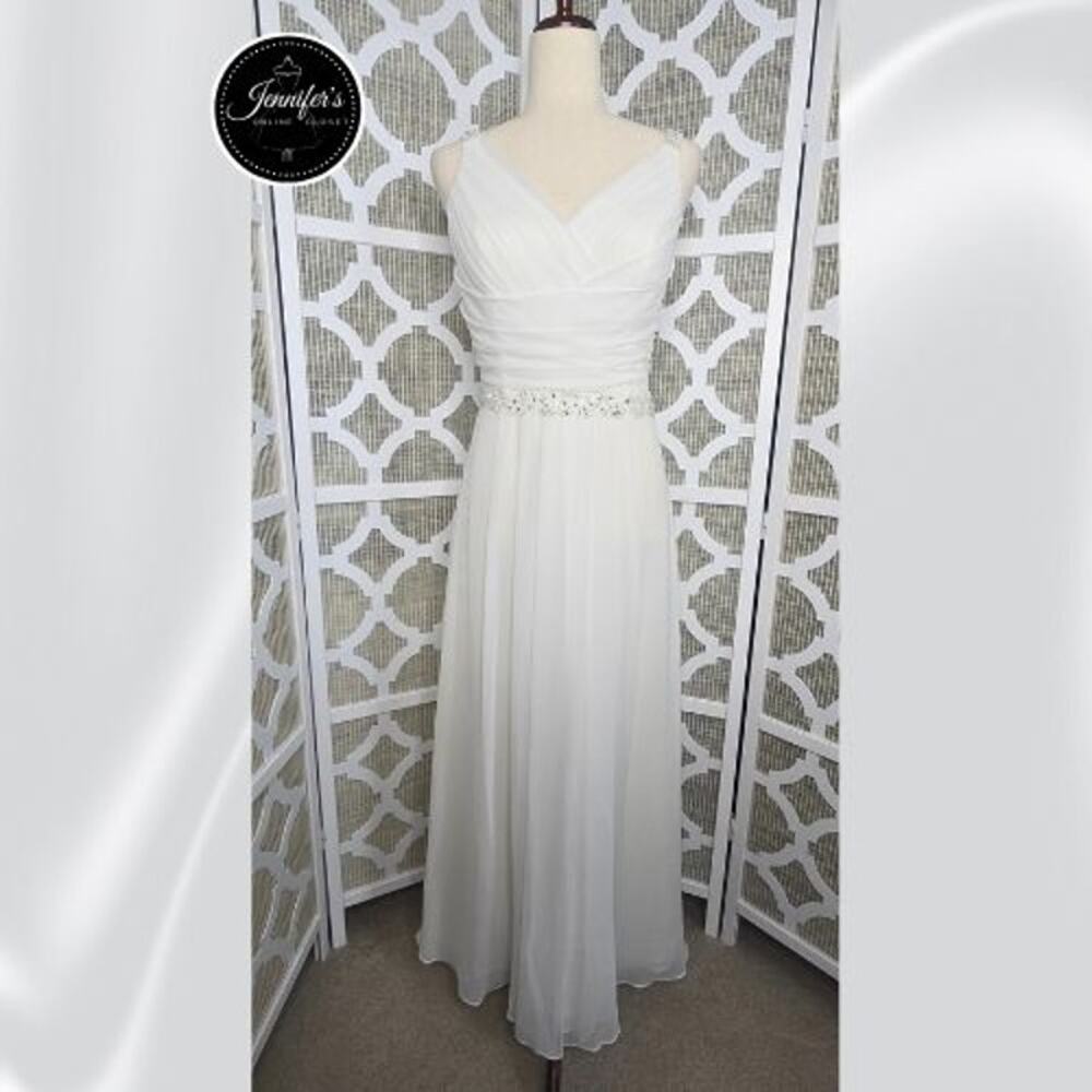 DaVinci White Chiffon Ruched V-Neck Beaded Waist & Strap Floor Length Dress 14